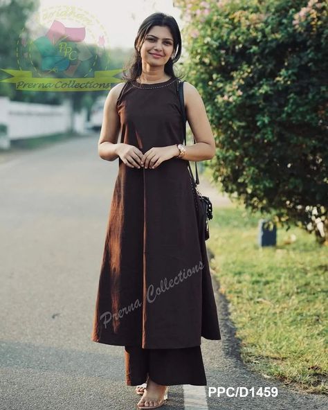 ₹875  Summer special   Cotton kurti with trendy halter neck, kantha details, hook buttons on the back and both side pockets making it a must-have for your closet 😍  Pure  Cotton work kurti  with  plazo   Brown colour look very smart perfect look for summer Sleeveless kurti for smarty women   *Size available M L  Xl Xxl  *-,38,40,42,44    *Material* -  pure cotton    Kurti length - 46 inches Plazo length - 38 inches high heels   *Price - 875 free shipping* fh  Keep posting  #underbudgetdress... Couture, Sleeveless Kurtis Design, Sleeveless Kurta Neck Design, Kurti Designs Sleeveless, Kurti And Plazo Designs Latest, A Line Kurti Designs Latest Cotton, Sleeveless Design For Kurtis, Sleeveless Cotton Kurti, Sleeveless Kurti Designs Cotton