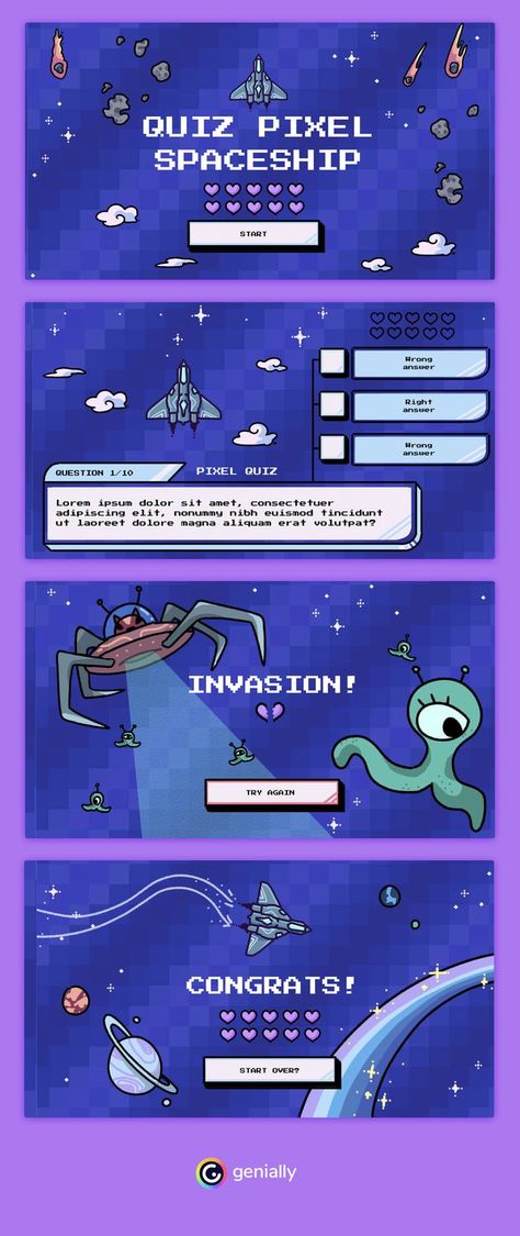 #Gamification is always a winner! 🚀 Students can self-evaluate and revise the most important things from last year with an interactive quiz like this one. #Genially #templates #interactiveEDU #resources Marseille, Interactive Quiz Design, Video Game Infographic, Game Template Design, Quiz Design Ideas, Quiz Game Design, Gaming Presentation Design, Quiz Website Design, Game Presentation Design