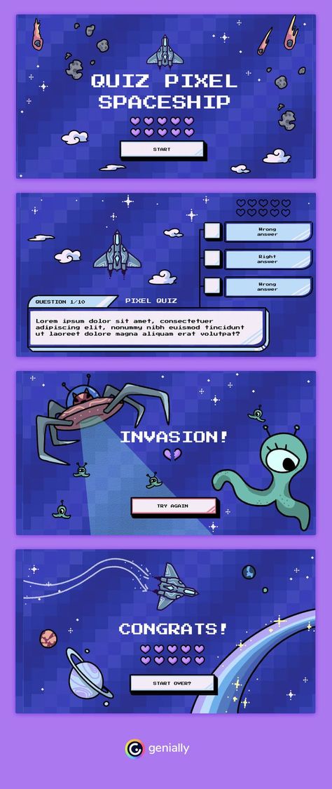 #Gamification is always a winner! 🚀 Students can self-evaluate and revise the most important things from last year with an interactive quiz like this one. #Genially #templates #interactiveEDU #resources Marseille, Interactive Quiz Design, Gamification Education Ideas, Video Game Infographic, Game Template Design, Quiz Design Ideas, Ppt Games Template, Quiz Game Design, Quiz Website Design