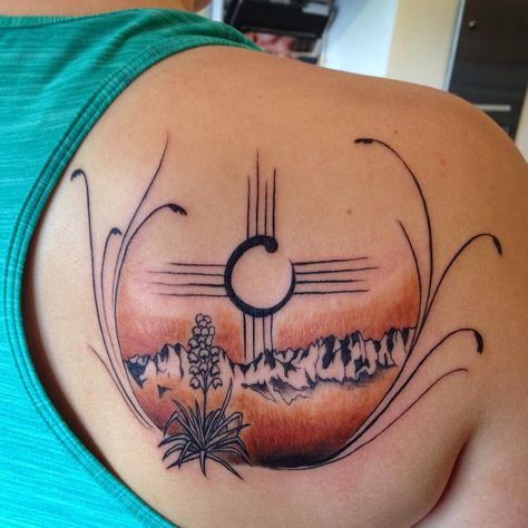 New Mexico tattoo on my friend @shebeadragon. Thank you for coming to see me, Christina! #newmexico #newmexicotattoo #zia #ziatattoo… Santa Fe, Oneida Nation Tattoos, Native Sun Tattoo, Zia Symbol Art, Zia Symbol Tattoo Women, Southwest Tattoo Sleeve, Zia Tattoo New Mexico, Southwestern Tattoos For Women, New Mexico Tattoos