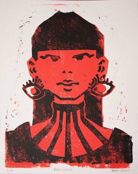 Red Gaze (Reduction Linocut Print) on Behance Cool Linocut Prints, Reduction Block Printing, Reduction Printmaking Ideas, Linocut Prints Portraits, Cool Lino Prints, Reduction Lino Print Ideas, Linocut Graphic Design, Screen Print Stencil, Lino Reduction Print