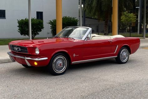 1965 Ford Mustang Convertible (Poppy Red, T-code, 200ci inline-six, 3-speed auto) 1965 Ford Mustang Convertible Red, 1966 Ford Mustang Convertible Red, Red Convertible Mustang, Red Convertable Car, Toyota Convertible, Red Mustang Convertible, Wire Covers, Red Ford Mustang, 1965 Mustang Convertible