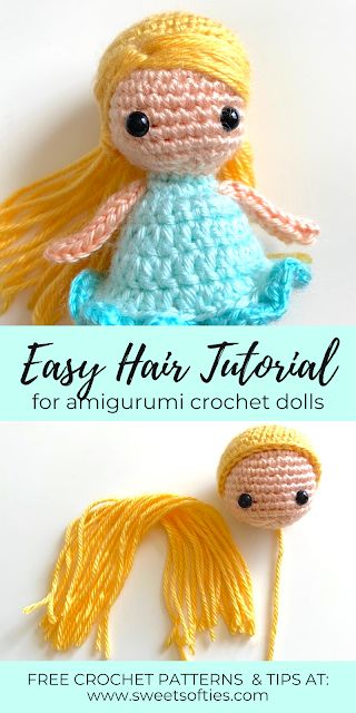 Amigurumi Patterns, How To Add Hair To Crochet Doll, How To Crochet Hair For Amigurumi Dolls, Simple Crochet Doll Pattern, Crochet People Amigurumi, Hair For Amigurumi Dolls, Easy Fast Amigurumi, Amigurumi Doll Hair Tutorial, Crochet Hair For Amigurumi Doll