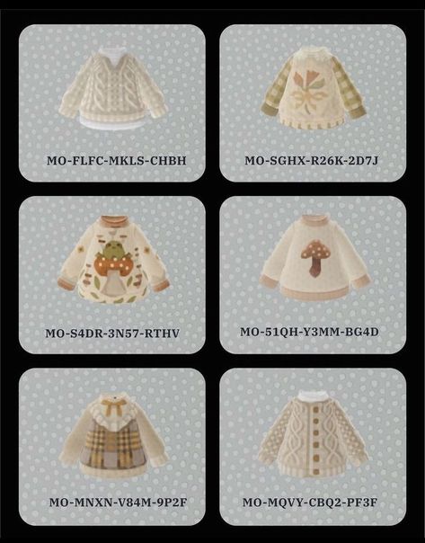 Clothes Code Animal Crossing, Animal Crossing Outfit Qr Codes, Cute Outfits In Animal Crossing, Clothes Design Animal Crossing, Design Id Animal Crossing Clothes, Clothes Animal Crossing Codes, Ac Design Codes, Acnh Clothes Ideas, Clothing Codes Animal Crossing