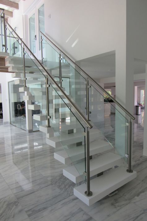 Stair Railing Design Glass And Steel, Stainless Glass Railings, Steel Railing Design Glasses, Glass Reling Design For Stairs, Glass Staircase Railing Stainless Steel, Stair Railing Glass Design, Railing Design Glass And Steel, Steel Glass Railing Design For Stairs, Stairs Relling Design Steel