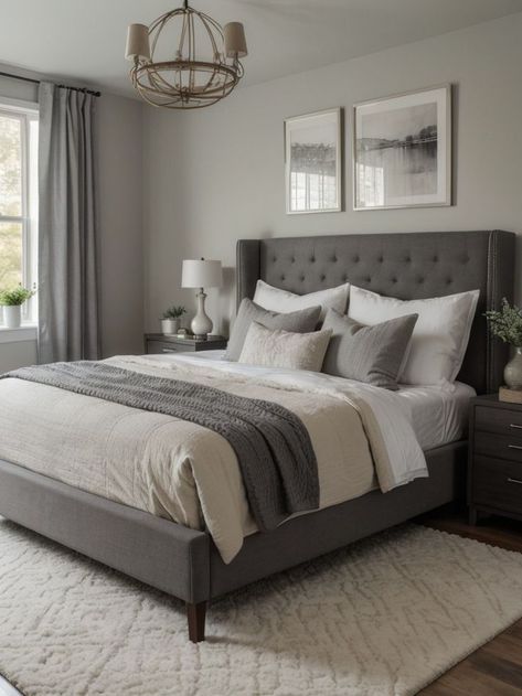 Unleash Your Creativity with Gray Bedroom Decor Create an inviting and cozy atmosphere with the addition of a plush area rug, adding texture and warmth to your bedroom decor. #GrayIdeas #GrayDesign Grey Bed Design Ideas, Bedroom Inspirations Grey Furniture, Gray Bed Headboard, Bedding To Go With Grey Headboard, Bedroom Idea Grey Bed, Grey Bedroom Set Ideas, Room With Grey Bed Frame, Color Walls For Bedrooms, Grey Bedroom Sets Furniture