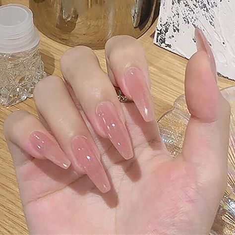 Amazon.com: RikView Press on Nails Extra Long Pink Acrylic Nails Coffin Nail Tips Glossy Fake Nails (Pink) : Beauty & Personal Care Almond Shaped Jelly Nails, Nude Jelly Nails, Blush Nails, Pretty Gel Nails, Nagel Inspo, Soft Nails, Jelly Nails, Coffin Nails Long, Pink Acrylic Nails