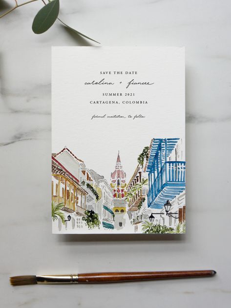 Mexico City Save The Date, Colombia Wedding Invitation, Cartagena Save The Date, Wedding Invitations Hand Painted, Mexico City Wedding Invitations, Wedding Invitations Painted, Fancy Save The Date, Painted Save The Date, Watercolor Wedding Save The Date