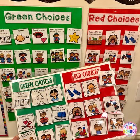 Green and red choice behavior management techniques (posters, songs, individual choice boards, class books, and children's books to support) perfect for preschool, pre-k, and kindergarten Red Green Choices Preschool, Red Choice Green Choice Preschool, Green Choices Red Choices, Red And Green Choices Preschool, Preschool Choice Board Ideas, Red Choices And Green Choices Free, Green Choices Red Choices Printable Free, Red And Green Choices Free Printable, Choice Boards Kindergarten