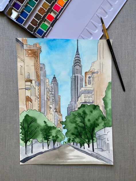 City Scape Painting Watercolors, New York City Watercolor Painting, Acrylic Painting New York, Landscape City Drawing, One Point Perspective Watercolor, City Scape Painting Easy, Nyc Watercolor Painting, Nyc Painting Easy, Watercolor Cityscape Easy