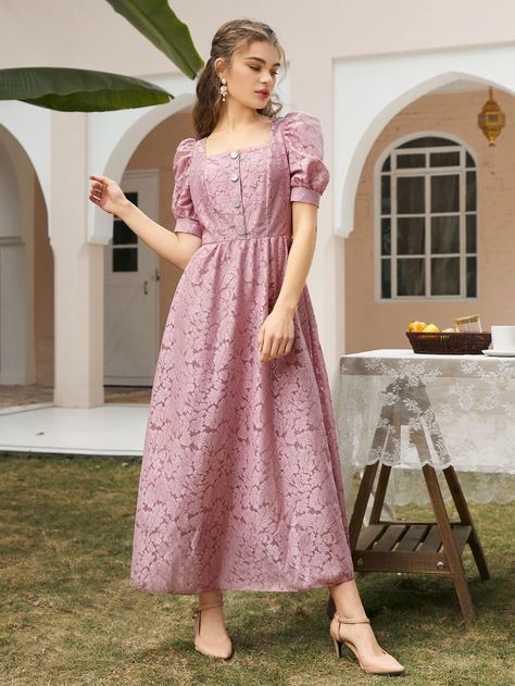 Lace Button Front Puff Sleeve A-line Dress | SHEIN USA Long Dress Brokat, Frock Designs For Women, Long Puff Sleeve Dress, Lace Frocks, Dress Brokat, Casual Frocks, Gaun Fashion, Simple Kurti Designs, Ditsy Floral Dress