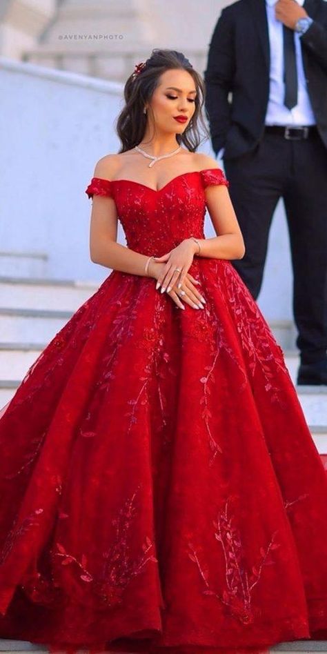 Amazing Blood Red Wedding Dresses ★ #bridalgown #weddingdress Red Wedding Dress Long Sleeve, Red Dresses Ball Gown, Red Ball Gown Wedding Dress, Light Red Wedding Dress, Red Prom Gown Princesses, Red Christmas Gown, Red Ball Gown Prom Dress, Blood Red Prom Dresses, Red Prom Dresses Long Elegant Classy Ball Gowns