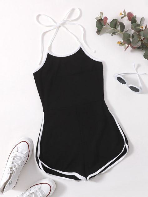 Black Sporty  Sleeveless Cotton  Cami  Slight Stretch Summer Women Jumpsuits & Bodysuits Comfy Jumpsuits, Wide Leg Romper, Halter Romper, Casual Rompers, Ropa Diy, Belted Shirt Dress, Style Noir, Plus Size Jumpsuit, Cute Simple Outfits