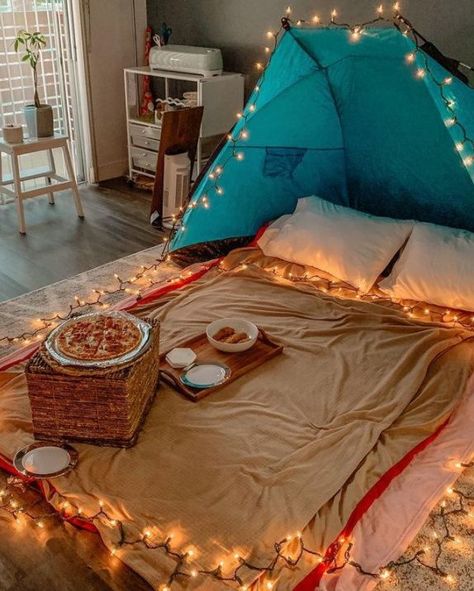 Air Mattress Date Night, Floor Date Night Ideas, Diy Date Ideas At Home, Cute Stay At Home Dates Ideas, Nye Date Night At Home, At Home Movie Date Night Set Up, Indoor Camping Date Romantic, At Home Paint Night Ideas Couples, Romantic Surprise Ideas