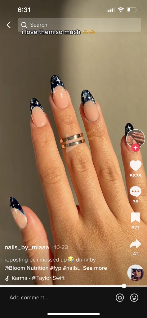 Nails Acrylic Space Theme, Midnight Era Taylor Swift Nails, Midnight Nail Ideas, Taylor Swift Midnights Acrylic Nails, Midnights Inspired Nail, Midnight Nail Art, Navy Blue Almond Nails Art Designs, Taylor Swift Midnights Era Nails, Midnight Blue Nails Acrylic Almond