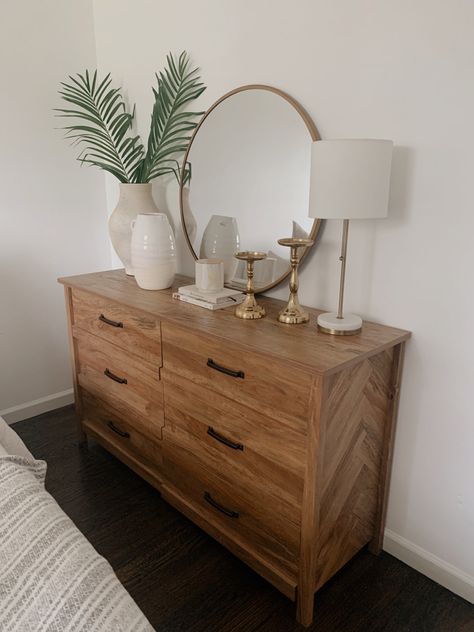 Bedroom Tv Stand Dresser, Bedroom Dresser Boho, Apartment Bedroom Dressers, Apartment Dresser Ideas, Bohemian Bedroom Dresser, Trendy Bedroom Dressers, Bathroom Dresser Decor, Bedroom Ideas With Dressers, Boho Dresser Decor Ideas