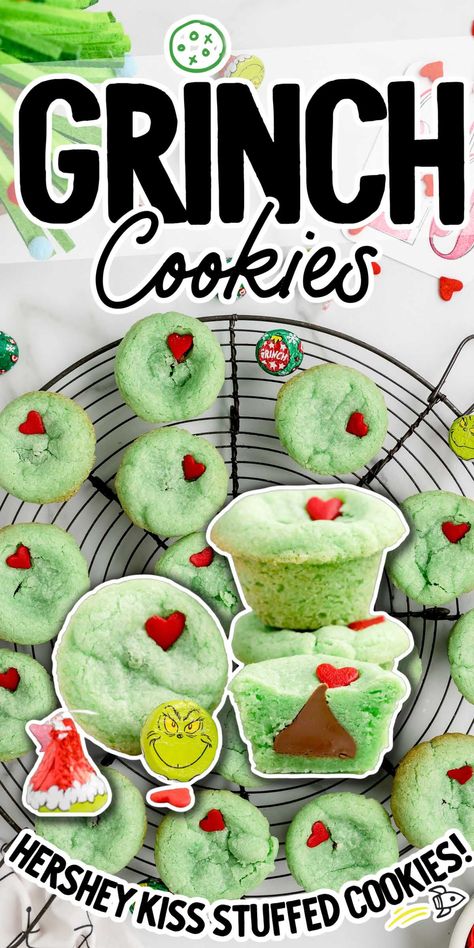 Festive chewy green cookies with a Hershey’s kiss hidden inside and a grinchy heart on top make these Grinch cookies a charming addition to your holiday cookie platter. Essen, Cookies With Kisses, Hershey Kiss Cookies, Grinch Cookies, Christmas Baking Recipes, Christmas Deserts, Kiss Cookies, Hershey Kiss, Chewy Sugar Cookies