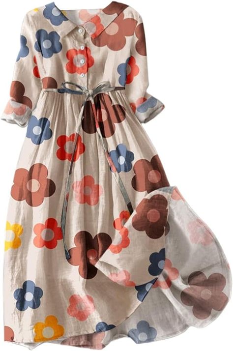 Amazon.com: Womens Spring Summer Dresses Boho Floral Lapel Neck Button Casual A-Line Lace-Up Dress Vacation Beach Flowy Long Dress : Clothing, Shoes & Jewelry Loose Tie, Flowy Dress Long, Xxxl Dress, Boho Summer Dresses, Floral Print Shirt, Dresses Xxl, Printed Shirt Dress, Swing Skirt, Look Vintage