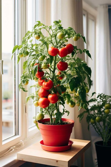 Indoor Container Gardening, Tomato Plant Aesthetic, Potted Tomato Plants, Growing Cherry Tomatoes, Growing Tomatoes Indoors, Indoor Vegetables, Small Vegetable Gardens, Indoor Vegetable Gardening, Growing Plants Indoors