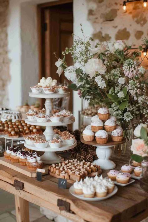 20 Bridal Shower Dessert Table Ideas - HandsomeWedding Sweet Table For Bridal Shower, Dessert Table With Flowers, Desserts Wedding Table, Dessert Table Set Up Wedding, Wedding Dessert Bar Ideas Display, Dessert Tables For Weddings, Wedding Shower Dessert Ideas, Garden Theme Dessert Table, Reception Food Table Setup