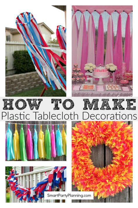 These 12 easy plastic tablecloth decorations will make decorating for parties a breeze. With all the items easily purchased from dollar stores, they are not only effective and easy to make, but really cheap too.  Whether you want to make a photo booth backdrop, streamers or simply jazz up table runners, all the party ideas are here for you. Party decoration could not be easier. Tablecloth Birthday Decorations, Table Cloth Door Decorations, Carnival Tent Diy Plastic Tablecloth, Garland Out Of Plastic Tablecloth, Using Plastic Tablecloths To Decorate, Streamer Table Decorations, Decorating With Tablecloths, Backdrop Made With Plastic Tablecloth, Tablecloth Decorations For Party