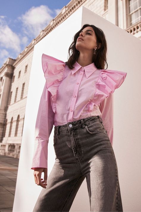 Pink shirt featuring an exaggerated collar, ruffled shoulder details, long sleeves with buttoned cuffs and button fastening through the front. Machine washable. 100% Cotton. Relaxed Glamour, Velvet Pink, Pink Set, Velvet Blouses, Mint Velvet, Pink Ruffle, Women Shirts Blouse, Pink Shirt, Effortless Style