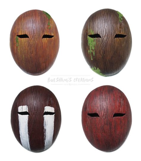 Wooden Masks by Bueshang Wooden Mask Art, Japanese Wooden Mask, Wood Mask Art, Wood Mask Design, Hilichurl Mask, Wooden Warforged, Mask Drawing Ideas, Cool Masks Designs Ideas, Japanese Mask Art