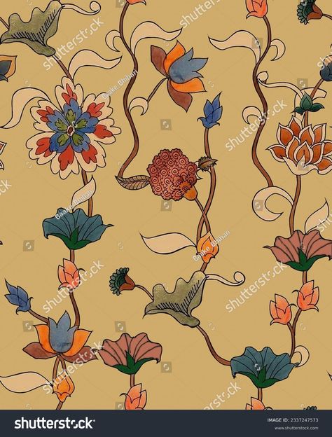 Kalamkari Illustration, Jometical Design, Kalamkari Allover, Mughal Patterns, Kalamkari Pattern, Kalam Kari, Kalamkari Design, Flower Pattern Design Prints, Mughal Flower