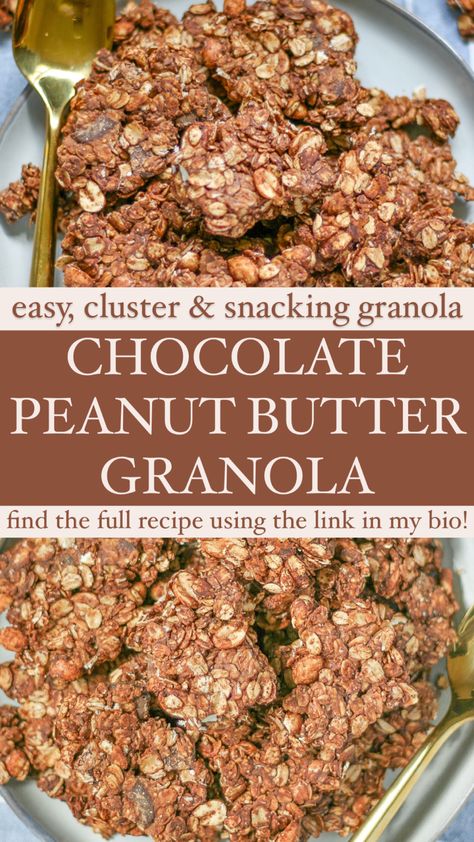 Healthy chocolate peanut butter granola loaded with oats, peanuts, chia seeds and chocolate. It makes clusters which make it perfect snacking! Granola Low Calorie, Granola Clusters Recipe, Low Calorie Granola, Healthy Grains Recipes, Chocolate Peanut Butter Granola, Peanut Butter Granola Recipe, Healthy Chocolate Peanut Butter, Granola Clusters, Chunky Peanut Butter