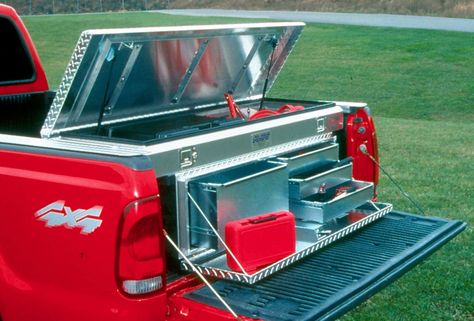 tool storage ideas | Tool Storage System rolls on rails from truck cab to gate., Slide ... Farrier Truck Ideas, Jeep Tool Box Ideas, 4x4 Storage Ideas, Diy Truck Tool Storage, Truck Bed Tool Storage, Diy Tool Box Ideas, Truck Toolbox Ideas, Truck Tool Storage, Work Truck Ideas