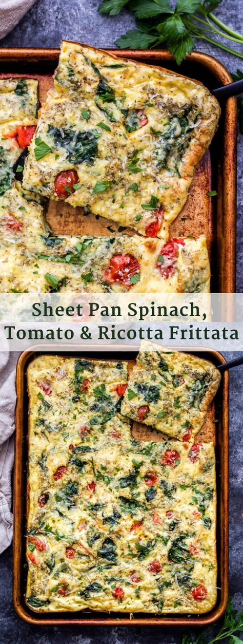 This Sheet Pan Spinach Tomato Ricotta Frittata is perfect for meal prep or feeding a group for breakfast. The savory Italian flavors are great for breakfast, lunch or dinner! #frittata #spinach #tomato #ricotta #vegetarian #breakfast #eggs #sheetpan #healthybreakfast Dinner Frittata, Ricotta Frittata, Tomato Ricotta, Spinach Tomato, Breakfast Eggs, Vegetarian Breakfast Recipes, Frittata Recipes, Vegan Keto, Quiche Recipes