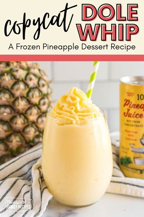 This is our copycat version of Disney's Dole Whip frozen treat. Now you can bring a taste of Disney magic into your kitchen with our Dole Whip recipe! You only need 4 ingredients for this refreshing treat. Our recipe has pineapple juice, frozen pineapple, vanilla ice cream, and lemon juice. Frozen Pineapple Dessert, Dole Whip Disney Recipe, Pineapple Whip Recipe, Pineapple Dessert Easy, Pineapple Ice Cream Recipe, Dole Pineapple Whip, Quick Summer Desserts, Dole Pineapple Juice, Pineapple Soft Serve