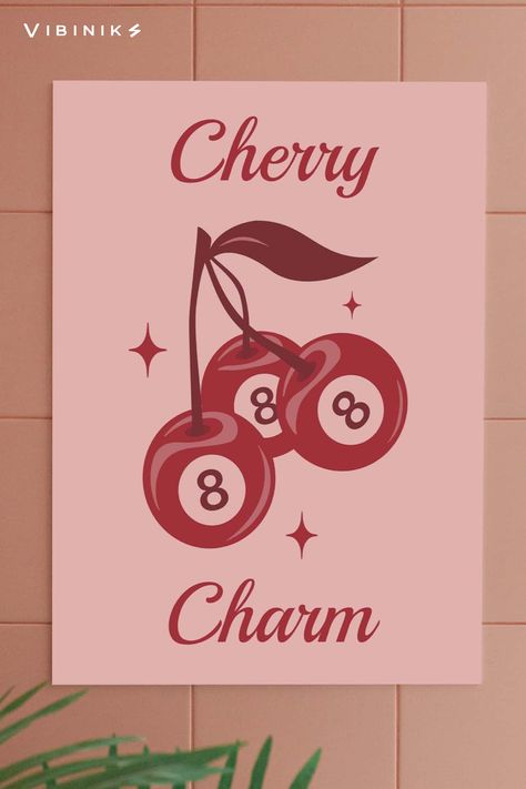 The close-up image displays a printed and framed digital artwork featuring three red cherries resembling billiard balls, each marked with the number 8. Above the cherries, the word 'Cherry' is positioned, while 'Charm' is placed below them. The artwork is set against a somewhat shiny, reflective brown floor and leans against a white tiled wall. This piece is available as an instant download and is printable digital art by Vibiniks. Cherry Art Aesthetic, Red 8 Ball, 8 Ball Cherry, Dopamine Aesthetic, Lucky Aesthetic, Kat Core, Room Decor Funky, Trendy Wall Prints, Wall Decor Apartment