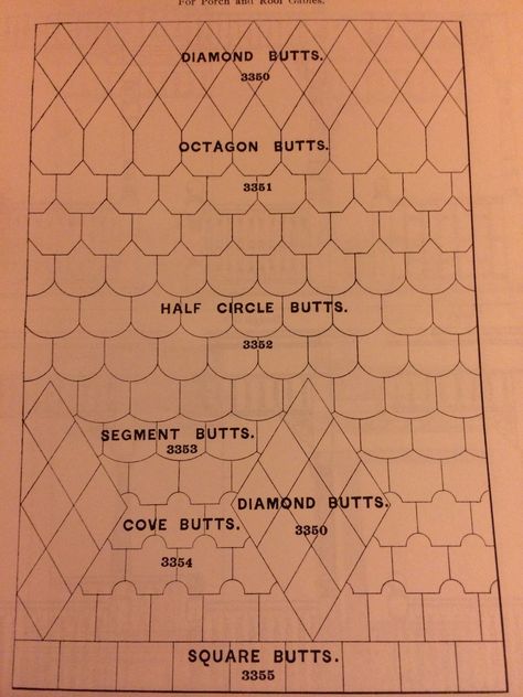 Options for fancy cut shingles. typically used in the gables of Vernacular Victorian-era houses and in the gables and/or as decorative accents on the sidewalls of Queen Anne houses. Fish Scale Siding, Victorian Shingle Patterns, Fish Scale Shingles, Fish Scale Siding Exterior, Cedar Shingles Accent Exterior, Queen Anne Houses, Wood Shingle Roof, Decorative Shingles, Cedar Shingle Siding