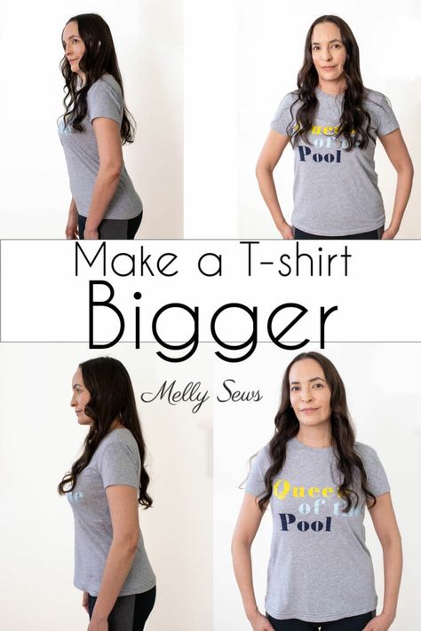 How To Make A Shirt Bigger: Video & Tutorial for a T-shirt - Melly Sews Upcycling, Tailoring T Shirts, Making A Shirt Bigger, How To Make A Small Shirt Bigger, How To Make A T Shirt Bigger, How To Make A Shirt Larger, How To Make A Small Shirt Larger, Diy T Shirt Sleeves Ideas, Making Clothes Bigger