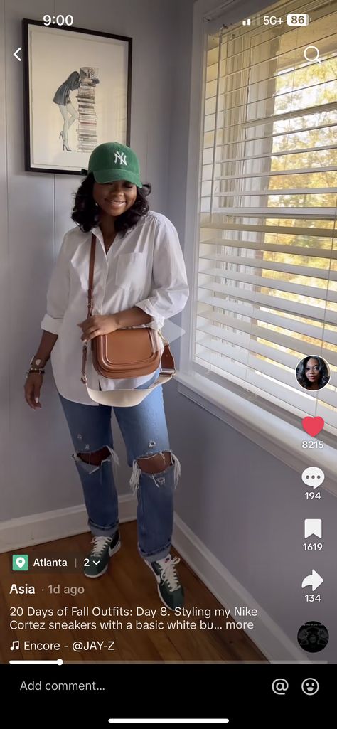 Chic Blue Jeans Outfit, Styling Nike Cortez Women, Outfit With Cortez Nike Shoes, Spring Outfits Casual Chic Classy, Date Night Outfit Black Woman Sneakers, Cortez Shoes Outfit Woman, Philly Fashion Outfits Street Styles, Tomboy Brunch Outfit, Sports Mom Outfit Black Women