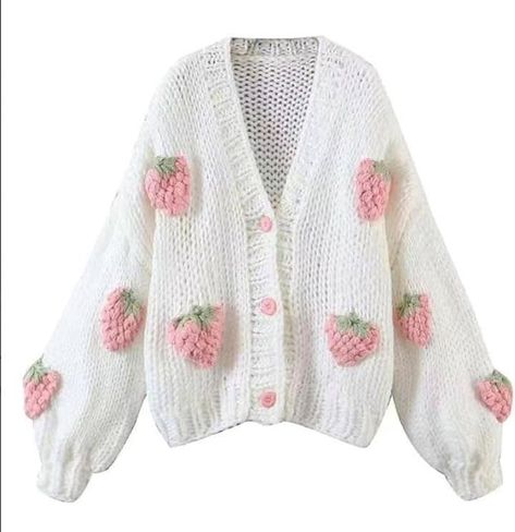 AISYBB Women's Sweet Japanese Strawberry Embroidered Knit Cardigan Top Korean Retro Elegant Cute Kawaii Coat Strawberry Lantern, Cardigan Women Winter, Crafty Fashion, Thick Knit Cardigan, Kawaii Outfits, Cardigan Au Crochet, All Things, The Cardigans, Crochet Strawberry