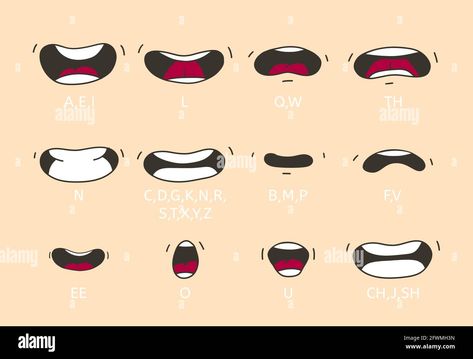 Download this stock vector: Cartoon talking mouth and lips expressions. Talking mouths lips for cartoon character animation. - 2FWMH3N from Alamy's library of millions of high resolution stock photos, illustrations and vectors. Cartoon Talking, Draw Mouth, Mouth Cartoon, Lips Cartoon, Mouth Animation, Lips Illustration, Cartoon Mouths, 2d Character Animation, Emoji Characters