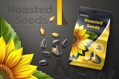 Roasted sunflower seeds package design | Premium Vector #Freepik #vector #snack-bag #snack-packaging #food-bag #packing-bag Seeds Packaging, Roasted Sunflower Seeds, Seed Packaging, Food Cartoon, Cartoon Bag, Vector Banner, Sunflower Seeds, Package Design, Vector Photo