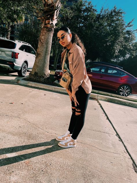 Business Casual Outfits Jordans, Pink Air Jordan 1 Outfit Women, Aj 1 Mid Outfit Women, Brown Jordans Sneakers Outfit, Mid Air Jordan 1 Outfit Women, Tan Shoe Outfits Women, Jordan 1 Dress Outfit Women, Tan Gum Jordans Outfit, How To Style Jordan 1 Mid Women