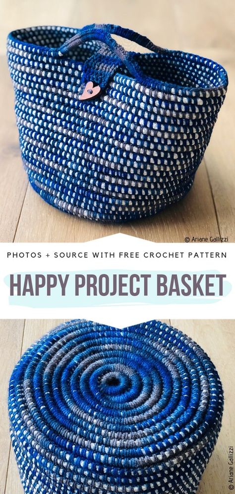 Happy Project Basket Free Crochet Pattern Basket Decoration Ideas, Crochet Storage Baskets, Rope Projects, Bag Crochet Pattern, Basket Crochet, Crochet Basket Pattern, Rope Bag, Crochet Rope, Crochet Bags Purses