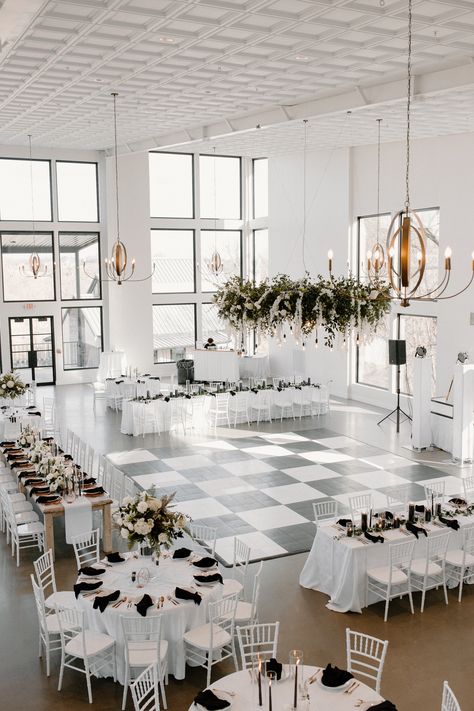 Black And White Wedding Color Pallet, Black Silver White Wedding Color Schemes, Wedding Venues Black Tie, Wedding Dance Floor Black And White, Checkered Floor Wedding Ceremony, Summer Wedding Black And White, Wedding Florals Black And White, Black White Dance Floor Wedding, Table Floor Plan Wedding