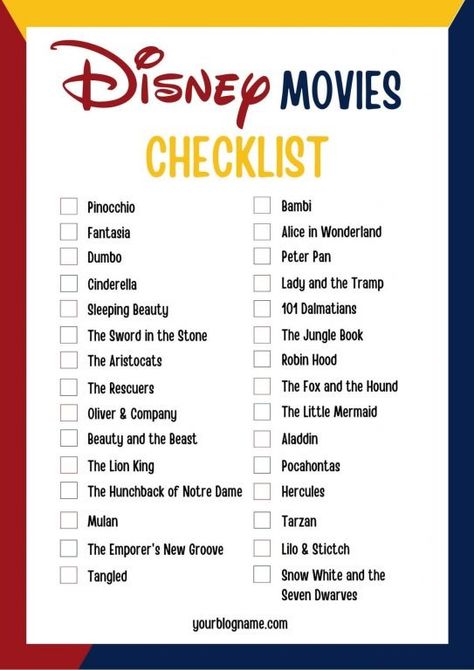 Get your FREE Disney Movie Checklist printable here. With 30 of the best animated Disney movies to tick off, you can challenge your friends to see who has watched the most. Has anyone watched them all? While this is not a complete list of Disney movies, it contains some of the best classic Disney and Pixar films you simply have to see. #passportsandadventures | Disney movies | Disney films | Disney movie checklist | printable Disney Movie Checklist, List Of Disney Movies, Animated Disney Movies, Movie Checklist, Movies To Watch List, Top Romantic Movies, Pixar Animated Movies, Films Disney, Disney Movies List