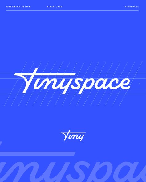 Tinyspace wordmark logo design on blue background Script Logo Branding, Graphic Moodboard, Script Logotype, Wordmark Logo Typography, Personal Branding Logo Design, Personal Logo Inspiration, Help Logo, Wordmark Design, Script Logo Design