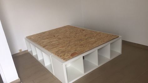 DIY Ikea Platform Bed From Kallax For Student Bed Via Pinterest Verriele Cute Double Bed Frames, Ikea Bed Hacks Double, Kallax Double Bed, Sturdy Bed Frames, Kallax Bed Hack Double, Kallax Ikea Ideas Bedrooms, Ikea Kallax Bed Hack, Ikea Kallax Bed, Cubicle Bed