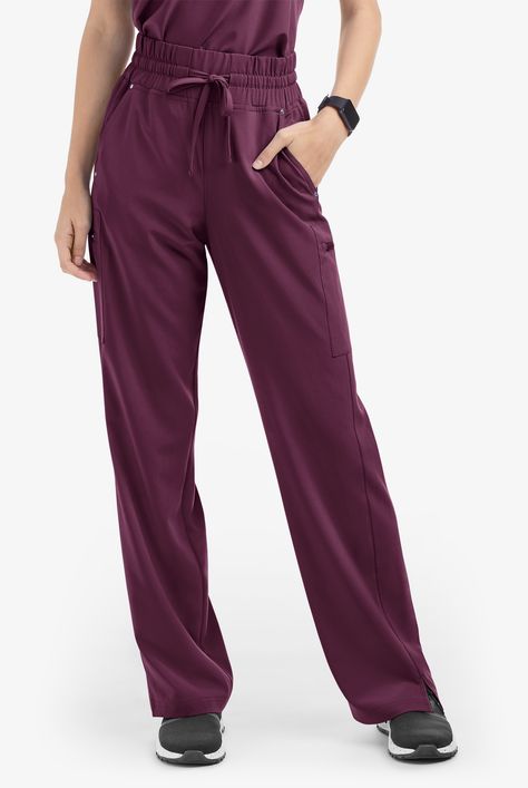 These scrub pants feature a modern fit and high waist with fashionable wide waistband with self drawcord for comfort and fit. For storage there are 5 pockets; 2 front angled pockets with shiny nickel rivet detail, 2 cargo pockets with smooth face ziper closure and 1 concealed power-mesh phone card pocket inside wearers right front pocket. Also has flattering side panels. Easy Stretch by Butter-Soft scrub collection is designed for a modern look and easy fit for very long shifts and made with per Greys Anatomy Men, Scrub Collection, Yoga Scrub Pants, Soft Scrub, Leg Scrub, Scrubs Outfit, Mens Scrubs, High Waisted Wide Leg Pants, Scrub Jackets