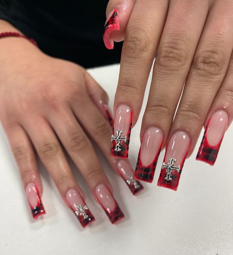 Red Nail With Black Design, Red Y2k Acrylic Nails, White Nails With Red Underneath, Nails Acrylic Red Bottoms, Nails Red Y2k, Red Black And White Nails Design, Red Medium Nails, Cute Red Acrylic Nails, Red And Black French Tip Nails