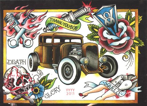 Hotrod Tattoos, Hot Rod Tattoo, Truck Tattoo, Learn To Tattoo, Traditional Tattoo Flash Art, Flash Ideas, City Tattoo, Full Back Tattoos, Traditional Hot Rod