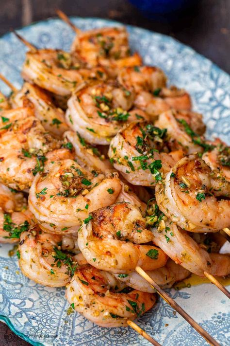 Grilled Shrimp Kabobs, Mediterranean-Style | The Mediterranean Dish Shrimp Grilling Recipes, Shrimp Recipes Healthy Easy Mediterranean Dishes, Coastal Flats Recipes, Kabob Recipes Shrimp, Mediterranean Shrimp Marinade, Shrimp Recipes Mediterranean, Greek Platter Mediterranean Dishes, Mediterranean Recipes With Shrimp, Mediterranean Shrimp Recipes Healthy