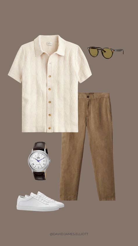 Brown Party Outfit Men, Off White And Brown Outfit, Simple Fashion Outfits Men, Male Neutral Outfit, Men’s Cream Outfit, White Shirt Cream Pants Men, Brown Outfit For Men Casual, Beige Outfit Men Formal, Men Ootd Aesthetic